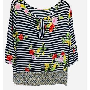 VALERIE STEVENS 3/4 BELL SLV PULL-OVER BLOUSE, WOMEN-2X-BLA/WHI STRIPED & FLORAL